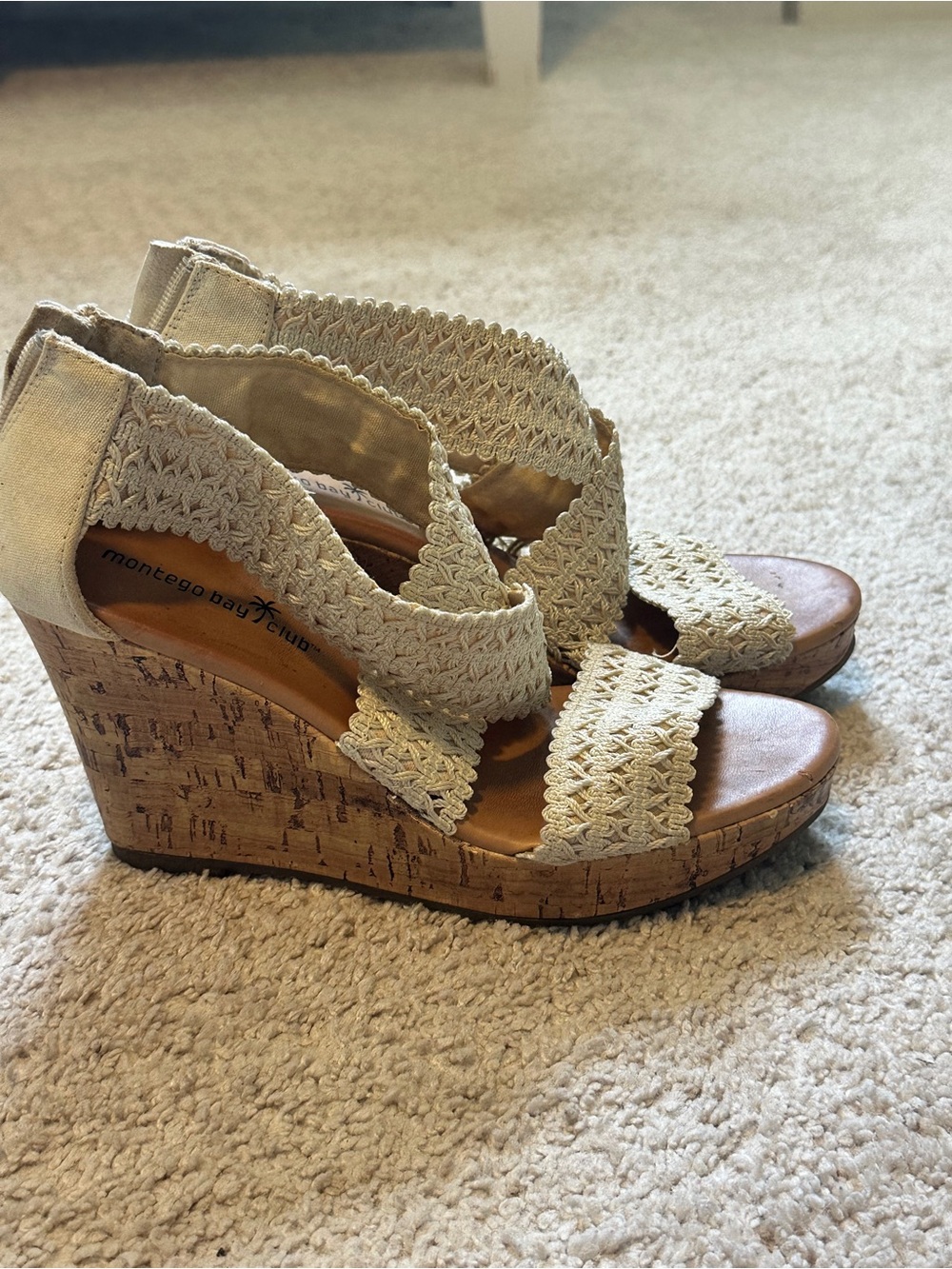Montego Bay Club Neutral Crochet Cork Wedge Sandals